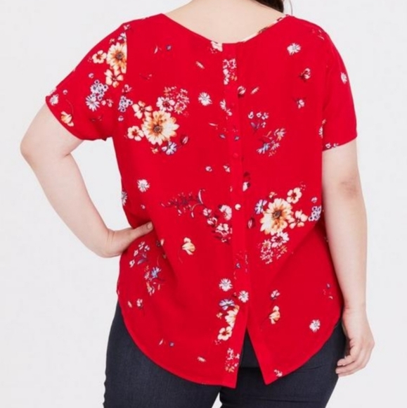Abbey Floral Torrid Crinkle Gauze Button Back Red Blouse 18 20 2X - Picture 2 of 7